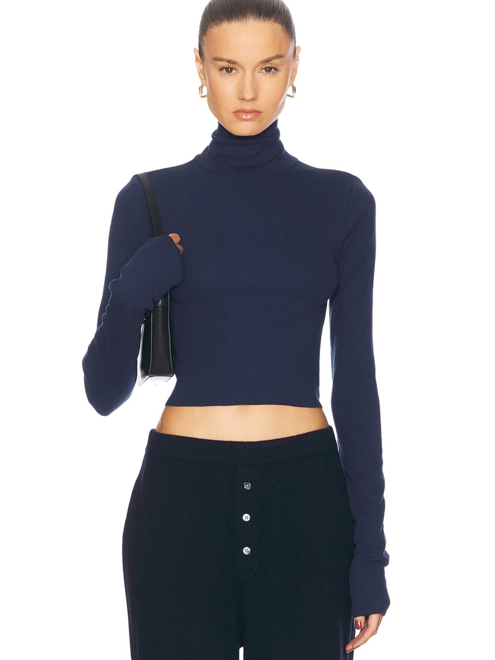 Eterne cropped fitted turtleneck top in navy